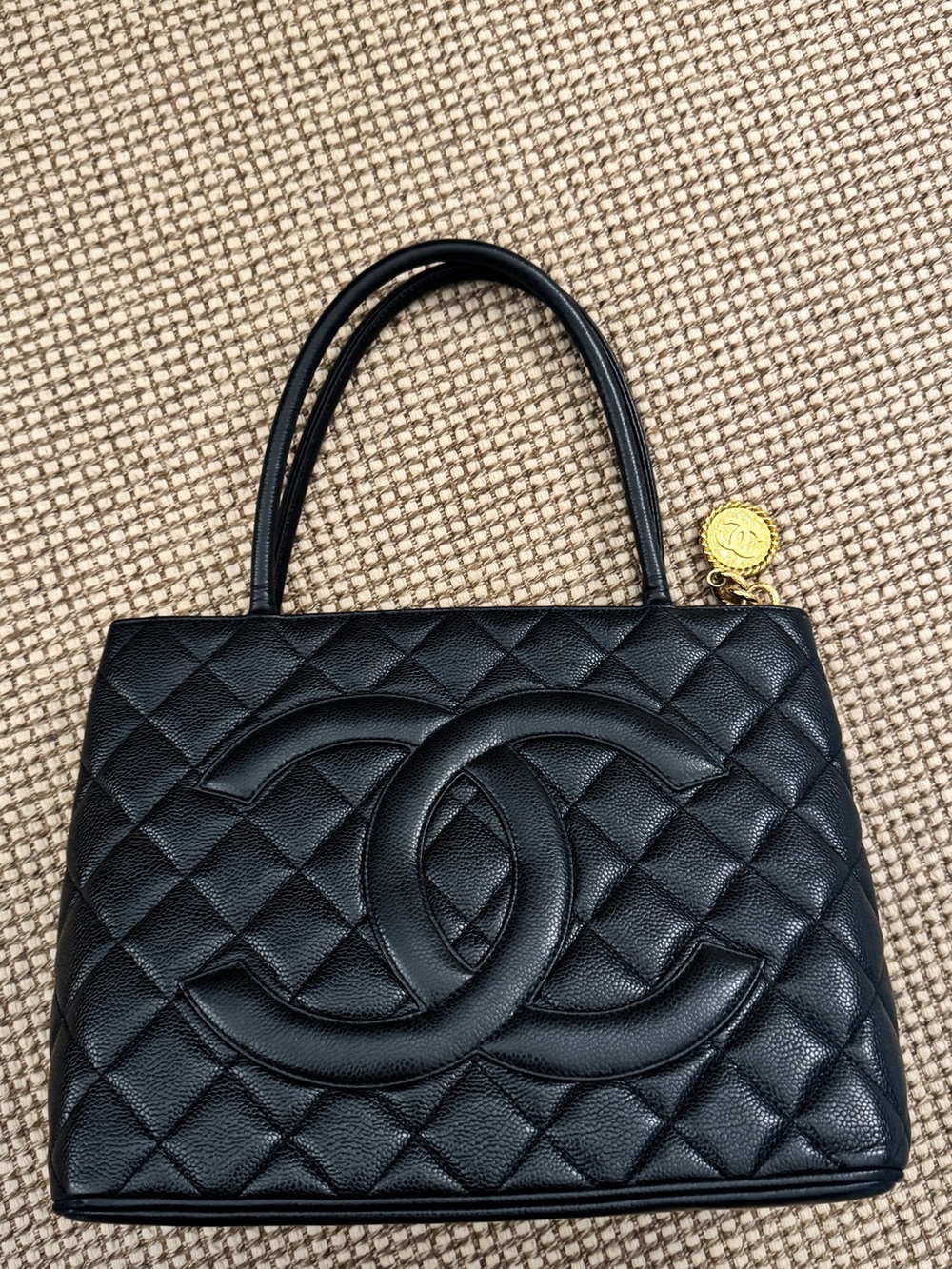 Authentic CHANEL Black Quilted Leather CC Tote with Gold Charm